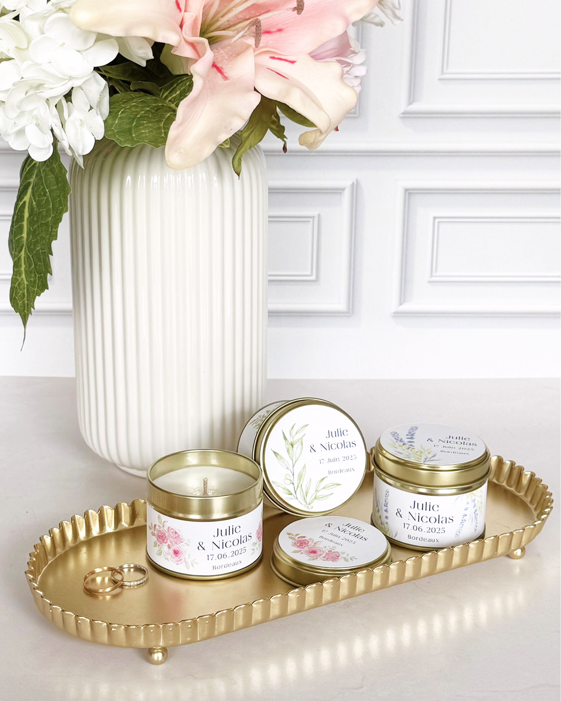 Bougies personnalisées dorées cadeaux d'invités mariage