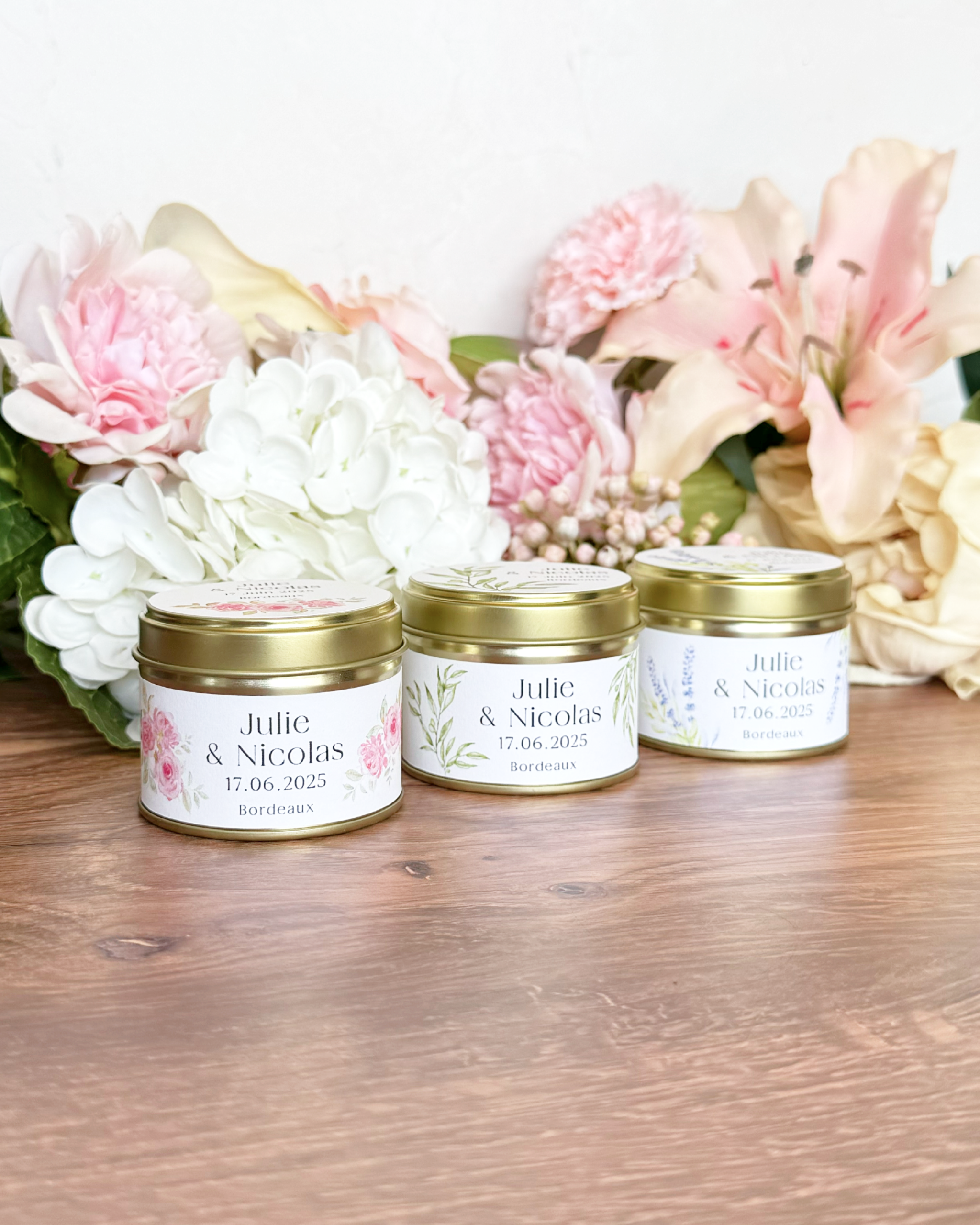 Bougies personnalisées dorées cadeaux d'invités